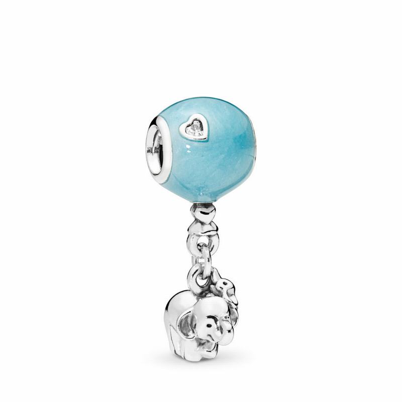 Pandora Elephant & Blue Balloon Dangle Charm Ireland - Sterling Silver/Enamel/Blue/Cubic Zirconia -